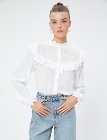 Resim Gömlek Fırfırlı Dik Yaka Dokulu Uzun Kollu Viskon Kumaş 