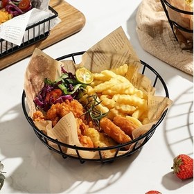 Resim 1pc Paslanmaz Çelik Yuvarlak Sepet, Amerikan Tarzı Fransız Patates Servis Kabı, Yaratıcı Atıştırmalık Sepeti, Metal Kızartma Yemek Tabağı, Ev, Mutfak, Restoran, Atıştırmalık Dükkânı, Mutfak Malzemeleri, Sofra Malzemeleri için 