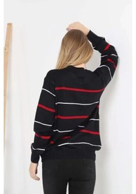 Resim Nnstartshopping Unisex İnce Çizgili Bisiklet Yaka Triko Kazak - Siyah Siyah 