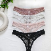 Resim 4 Adet Kadın Seksi Dantel Tanga - Yarı Şeffaf Düşük Bel V-String Külot, Kesik Detaylı, Makinede Yıkanabilir, 4 Renk (Siyah, Pembe, Beyaz, Lavanta) - Günlük Giyim için Zarif Koleksiyon 