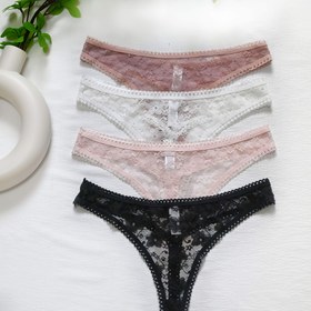 Resim 4 Adet Kadın Seksi Dantel Tanga - Yarı Şeffaf Düşük Bel V-String Külot, Kesik Detaylı, Makinede Yıkanabilir, 4 Renk (Siyah, Pembe, Beyaz, Lavanta) - Günlük Giyim için Zarif Koleksiyon 