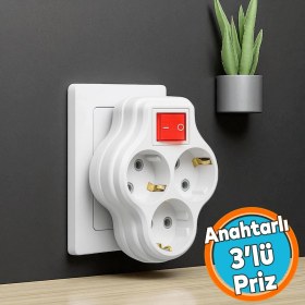 Resim Grup Priz Golyat Düğmeli Fiş Kablosuz Açma Kapamalı Anahtarlı Topraklı Çoklu Çoğaltıcı 3'lü Beyaz 