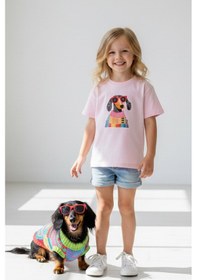 Resim Monila Kız Çocuk Köpek Baskılı Pamuklu Bisiklet Yaka T-shirt Pembe 