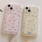 Resim Şeffaf Çiçek Desenli Kartlık Telefon Kılıfı iPhone 15 Pro Max, 14 Plus, 13, 12, 11 Pro Max, XR, XS Max, X, 7 Plus/8 Plus için - Kart Yuvasıyla Dayanıklı Yumuşak TPU Kenar Korumalı Kapak - Şeffaf Koruyucu Kılıf 