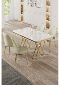 Resim Canisa Vals Serisi 80x130 Lak Panel Beyaz Mermer Desen Masa Takımı Gold Ayaklı 4 Krem Sandalye Beyaz Mermer Desen Masa Sandalyeler Krem 