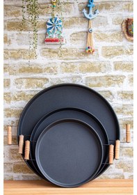 Resim 3 Lü 51, 37, 30 Cm Ahşap Kulplu Metal Tepsi Çay Tepsisi Kahve Tepsisi Sunum Tepsi Seti Siyah Siyah 