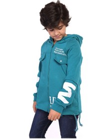 Resim Toontoy Kids Toontoy Erkek Çocuk Kapüşonlu Fermuarlı Cepli Düşük Omuz Baskılı Reglan Kol Örme Hırka - Beli Ayarlanabilir Bağcıklı 3 İplik Şardonlu Petrol Mavi 