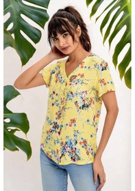 Resim Kadın Sarı Çiçek Desenli, Kısa Kol Gömlek Düz Kesim, Standart Boy Sarı 