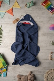 Resim Be'Calm Shark - Köpekbalığı Nakışlı Müslin Organik Pamuk- Banyo Kundak - Lacivert 