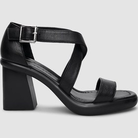 Resim %100 Hakiki Deri Siyah Tokalı Kadın Topuklu Sandalet-siyah Siyah 
