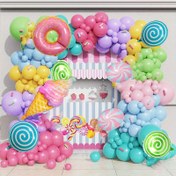 Resim 145 Parça Gökkuşağı Şeker Temalı Balon Süsleme Seti, Lolipop, Dondurma, Donut Alüminyum Balonlar Yaz Tatili Süslemesi, Doğum Günü Partisi Süslemesi, Tatlı Dükkanı Süslemesi için Uygun 