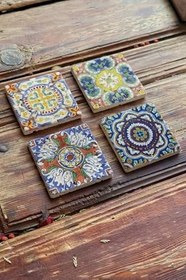 Resim Oscar Stone Decor Baskılı Doğaltaş Bardak Altlığı 4'Lü Set Desen Tile 4Dsn-086 