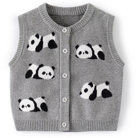 Resim Kızlar & Erkekler için Sevimli Panda Örgü Hırka - Siyah & Beyaz Panda Tasarımlı Kolsuz Yelek, Yumuşak Gri, Düğmeli Ön, İlkbahar/Sonbahar İçin Mükemmel, Oyunbaz Çocuk Modası, Rahat Çocuk Giyim 