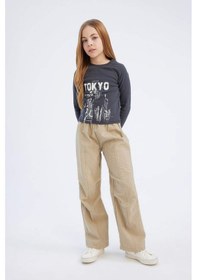 Resim DeFacto Kız Çocuk Beli Lastikli Düz Paça Paraşüt Pantolon D7605A825SMBG414 Bej 