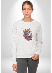 Resim Maske Dövmeli Çiçekli Kız Unisex Beyaz Baskılı Sweatshirt Beyaz 