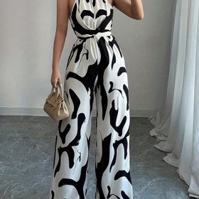 Resim Kadınlar için Şık Omuz Baskılı Tulum Geniş Bacak ve Bağcıklı Bel - Siyah & Beyaz Soyut Desen, Polyester Kumaş, Tatil ve Günlük Şıklık için Mükemmel 