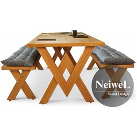 Resim Neiwel Linna Doğal Ahşap Banklı Toplantı Masasıı x 80 x 160 Açık Ceviz 