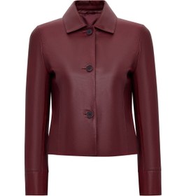 Resim Beatrix Women's Burgundy Shirt Collar Short Leather Jacket 