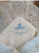 Resim Yenidoğan Kuzulu Taç Nakış Güpürlü Fiyonklu Duvaklı Prizma Taş Unisex Kundak Bebek Battaniyesi Çok Renkli 