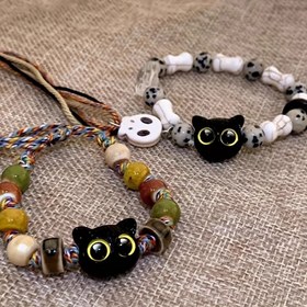 Resim El Yapımı Kedi Kafa Boncuklu Bileklik, Çin Tarzı Renkli Seramik Örgü İpleri, Kadınlar İçin Günlük ve Hediye Aksesuarı, Tüm Mevsim Takı 