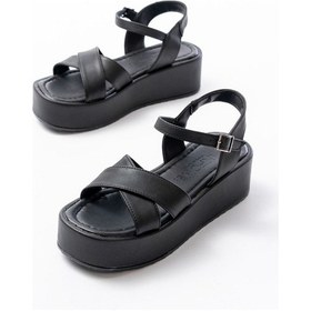 Resim 861-1005 Siyah Günlük Çapraz Dolgu Topuk Kadın Sandalet Altın - Taba 