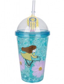 Resim Two Two Renkli Yaz Desenli Pipetli İçecek Kupası 119 Çocuk Bisikletli Çiçekli 