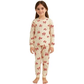 Resim Zuzunga Ekru Renk Kırmızı Fiyonk Baskılı Kız Çocuk Pijama Takımı 