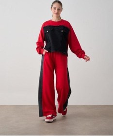 Resim Kız Çocuk Mevsimlik Altı Denim Cepli 3 İplik Sweatshirt-14777 Kırmızı 