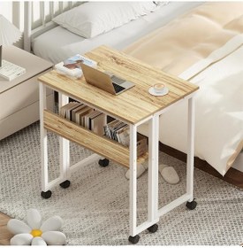 Resim Sidney Kitaplık Raflı Katlanır Masa 70 Cm Tekerli Bilgisayar Masası Laptop Masası Beyaz - Çam Beyaz - Atlantik Çam 