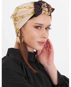Resim Hürrem Bone Bej Pratik Hazır Geçmeli Tesettür Bone Kesik Elyaf Retro Desenli 2409 12 Bej 