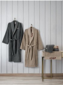 Resim Cotton Box Folk Art Aile Bornoz Seti Yamka Bej-antrasit Antrasit Bej 