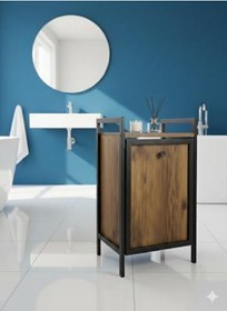 Resim Metal Kirli Çamaşır Sepeti Banyo Rafı Dolabı Düzenleyici Organizeri Ahşap 