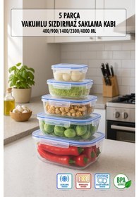 Resim Dikdörtgen 5 Parça Contalı Vakumlu Sızdırmaz Hava Almaz Saklama Kabı Seti 4000/2300/1400/900/400 Ml Şeffaf 