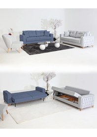 Resim Nola Koltuk Takımı 3+3+1+1 & Bazalı Yataklı Koltuk & Kanepe - Keten Gri-mavi 