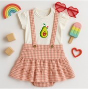 Resim Mini Kids Baby Kız Bebek/çocuk Avakado Baskılı T-shirt Gofre Kumaş Ekose Pötikareli Fırfırlı Askılı Şort Etek Takım 