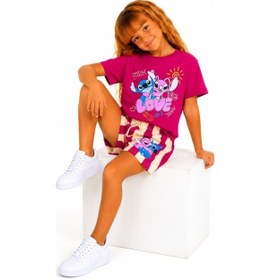 Resim Cg Kids Stitch Ve Angel Kız Çocuk Baskılı Çizgili Şortlu Takım - Fuşya / Mürdüm Pembe 