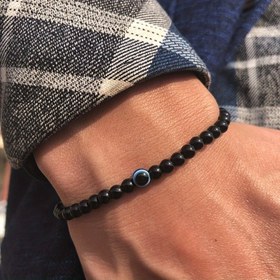 Resim 1 Adet Esnek Kordonlu Mavi Nazar Boncuğu Bileklik - Günlük Kullanım için Siyah Reçine Taşlı El Zinciri Takı 