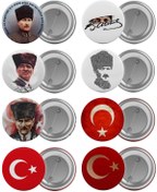 Resim Genel Markalar Atatürk Ve Türk Bayrağı Çanta Rozeti Seti 8 Adet En Büyük Boy 5.8cm Iğneli Broş 