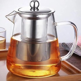 Resim Orosilikat Cam Çelik Süzgeçli Ve Kapaklı Oval Demlik 750 ML İpek Şeffaf 