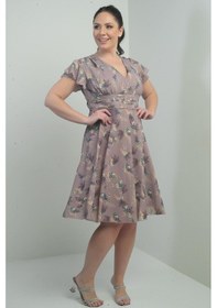 Resim Kruvaze Yaka Kolu Volanlı Astarlı Büyük Beden Empirme Keten Elbise-37085 Lila 