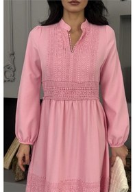 Resim Neşeli Butik Kadın Pembe Atlas Kumaş Dantel Detaylı Elbise Nbms2517 Pembe 