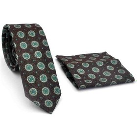 Resim Gaffy Yeşil Bej Yuvarlak Desenli Kahverengi Dokuma Kumaş Mendilli Slim Fit Kravat // Sdk-250206 Kahverengi 