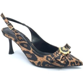 Resim Feles Fiyonk Sarı Toka Detaylı Arkası Açık Stiletto Kadın Topuklu Ayakkabı Leopar 
