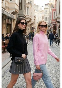 Resim Lela Oversize Fit Balıkçı Yaka Yumuşak Dokulu 2'Li Paket Triko Bayan Kazak 680Kz00469S2 Şeker Pembe-Siyah 