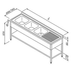 Resim Öztiryakiler Evyeli Tezgahı 3G / 1D Sağ 3 Perdeli Taban Raflı 240x60 CM 