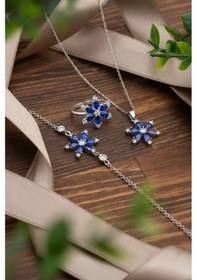 Resim 925 Ayar Safir Taşlı Rodyum Lotus Çiçeği 3'lü Gümüş Set Gümüş 