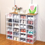 Resim Büyük Yığılabilir Ayakkabı Düzenleyici - Şeffaf, Katlanabilir Sneaker & Botlar için Depolama Kutusu, Yer Tasarruflu Tasarım ile Kapaklı, Dayanıklı Plastik, Çok Amaçlı Ev Düzenleme Çözümü (Siyah/Beyaz) 