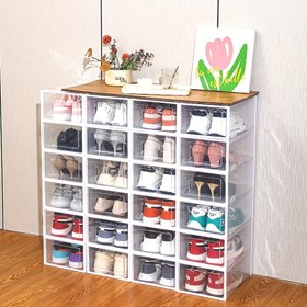 Resim Büyük Yığılabilir Ayakkabı Düzenleyici - Şeffaf, Katlanabilir Sneaker & Botlar için Depolama Kutusu, Yer Tasarruflu Tasarım ile Kapaklı, Dayanıklı Plastik, Çok Amaçlı Ev Düzenleme Çözümü (Siyah/Beyaz) 