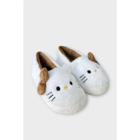 Resim Kışlık Kadın Hellokitty Figürlü Kaydırmaz Taban Ev Ayakkabısı Panduf Beyaz - Kahverengi 