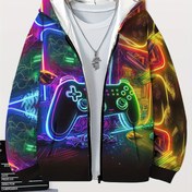 Resim Erkek Çocuklar için Sonbahar ve Kış Kırmızı Işık Oyun Kumandası Desenli Havalı Moda Kapüşonlu Hırka Fermuarlı Sweatshirt Rahat Uzun Kollu Spor Giyim 